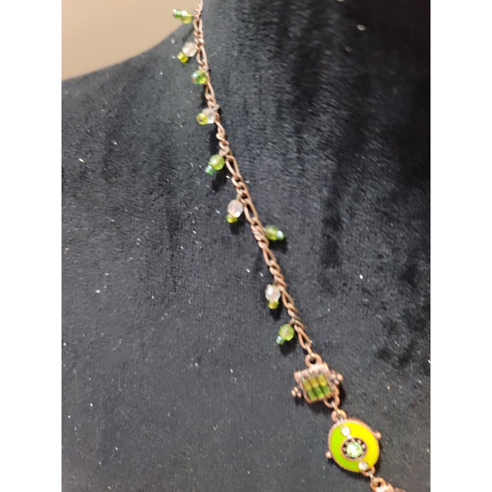 Vintage Green Rhinestone Fringe Necklace Copper Tone Boho Statement Jewelry - Picture 6 of 7